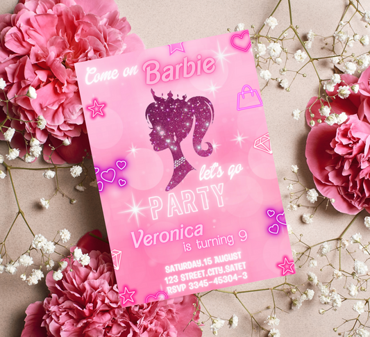 Barbie Pink Glitter Birthday Invitation | Glam Doll Party Invite | Editable Canva Template | Sparkly Printable Girl Birthday Invitation