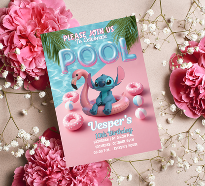 Stitch Pool Party Birthday Invitation – Editable Canva Template – Tropical Summer Swim Party Invite – Blue Alien Splash Birthday Invitation