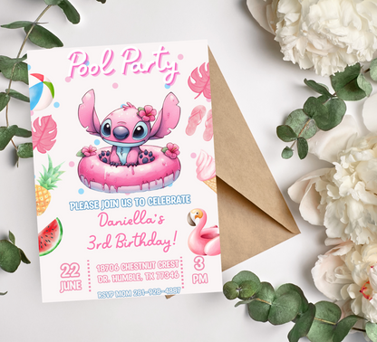 Stitch & Angel Pink Watercolor Pool Birthday Invitation | Cute Summer Swim Party Invite | Editable Canva Template | Pastel Printable