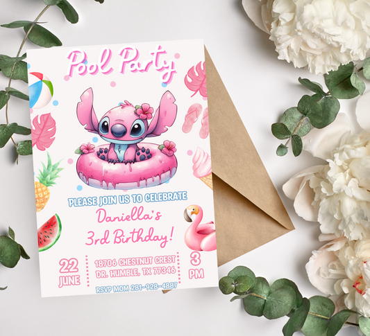 Stitch & Angel Pink Watercolor Pool Birthday Invitation | Cute Summer Swim Party Invite | Editable Canva Template | Pastel Printable