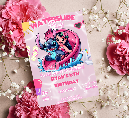 Stitch & Lilo Pink Waterslide Pool Birthday Invitation | Tropical Summer Swim Party | Editable Canva Template | Cute Pool Slide Printable