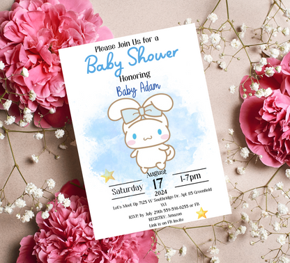 Kawaii Cinnamoroll Baby Shower Invitation | Watercolor Blue Baby Shower Invite | Editable Canva Template | Cute Sanrio Baby Shower Printable