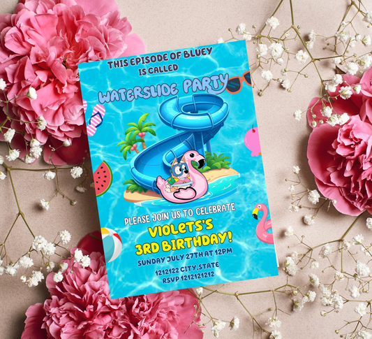 Bluey Waterslide Pool Birthday Invitation 🌊🏄‍♂️ | Bluey Swim Party Invite | Editable Canva Template | Printable Kids Summer Birthday | Bluey & Bingo Splash Pad Party | Boys & Girls Tropical Pool Bash | Wackadoo Summer Invite