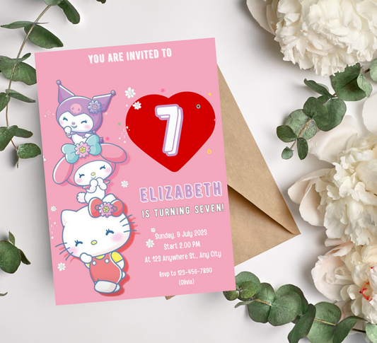 Kawaii Hello Kitty, My Melody & Kuromi Pink Birthday Invitation | Editable Canva Template | Cute Printable Girls Party Invite