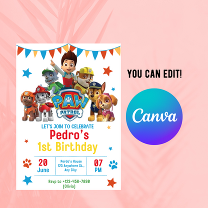 Paw Patrol Birthday Invitation | Kids Rescue Party Invite | Editable Canva Template | Printable Puppy Patrol Birthday Card