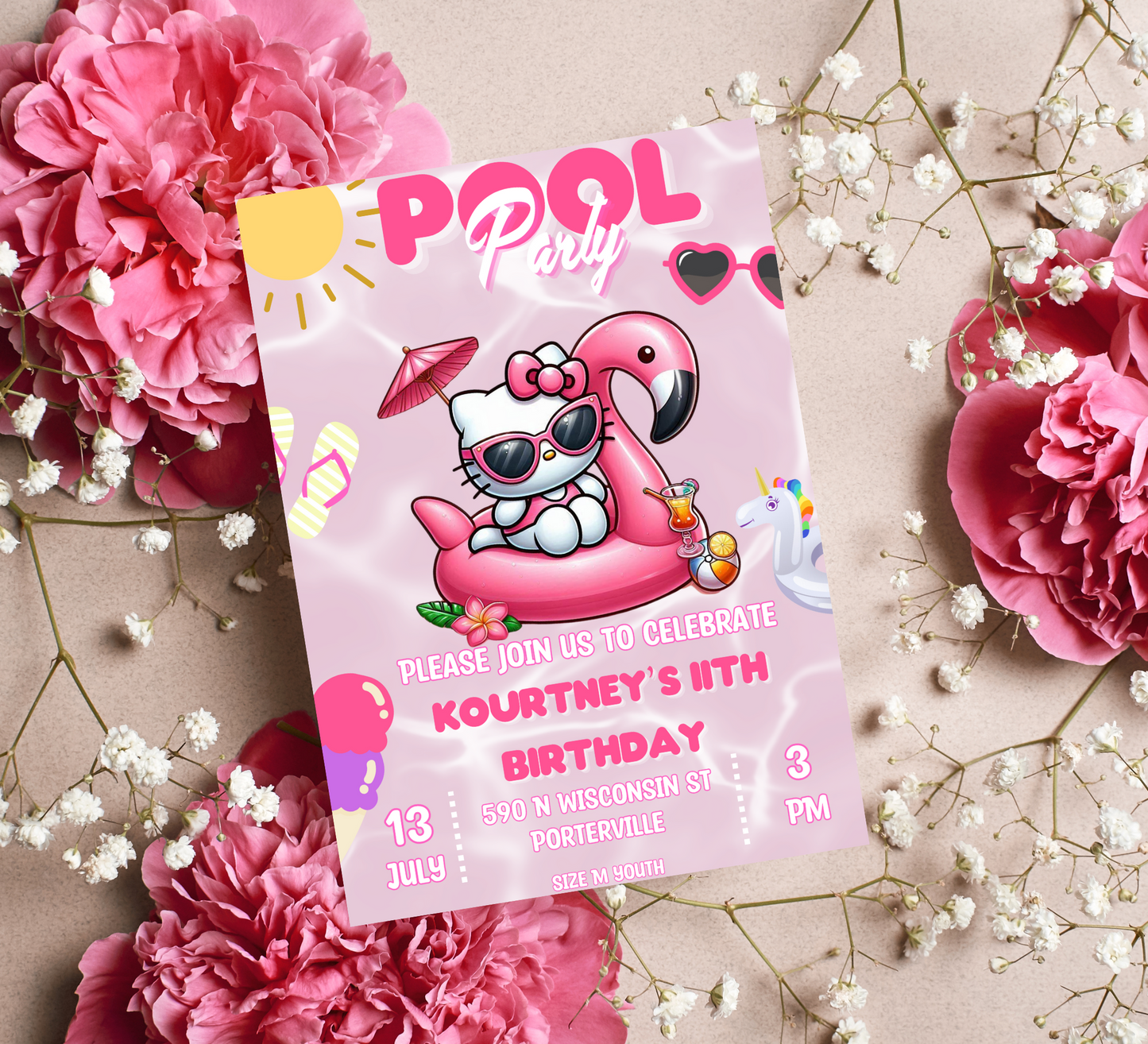 Hello Kitty Pool Flamingo Pink Birthday Invitation | Editable Canva Template | Summer Swim Party Invite | Printable Girls Birthday Invitation