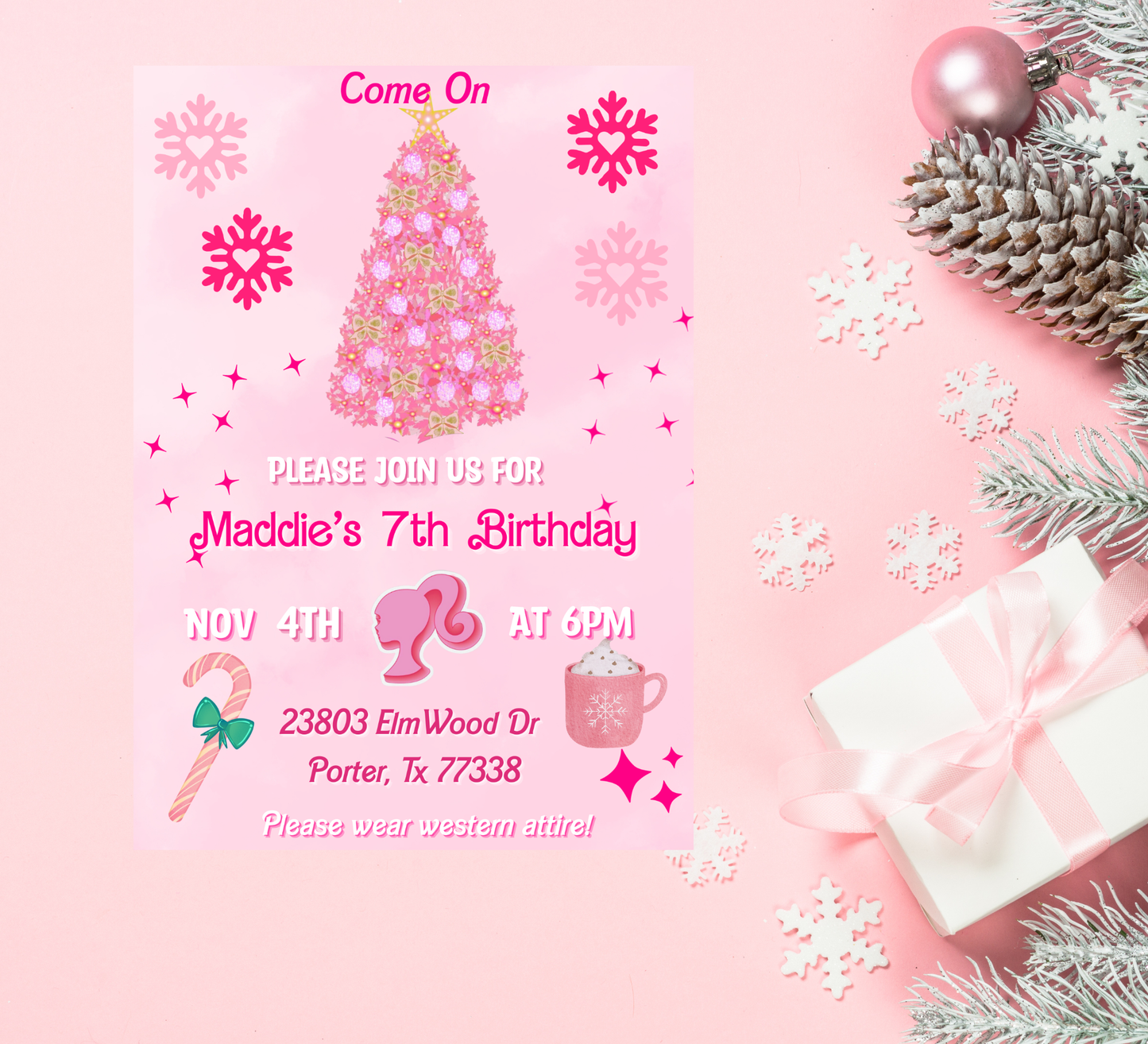 Barbie Pink Christmas Winter Birthday Invitation | Holiday Party | Editable Template