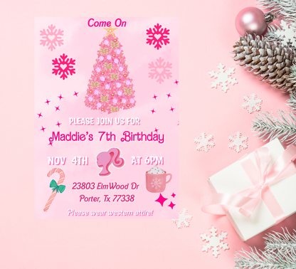 Barbie Pink Christmas Winter Birthday Invitation | Holiday Party | Editable Template