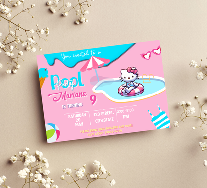 Hello Kitty Pink Pool Birthday Invitation | Kawaii Summer Swim Party | Editable Canva Template