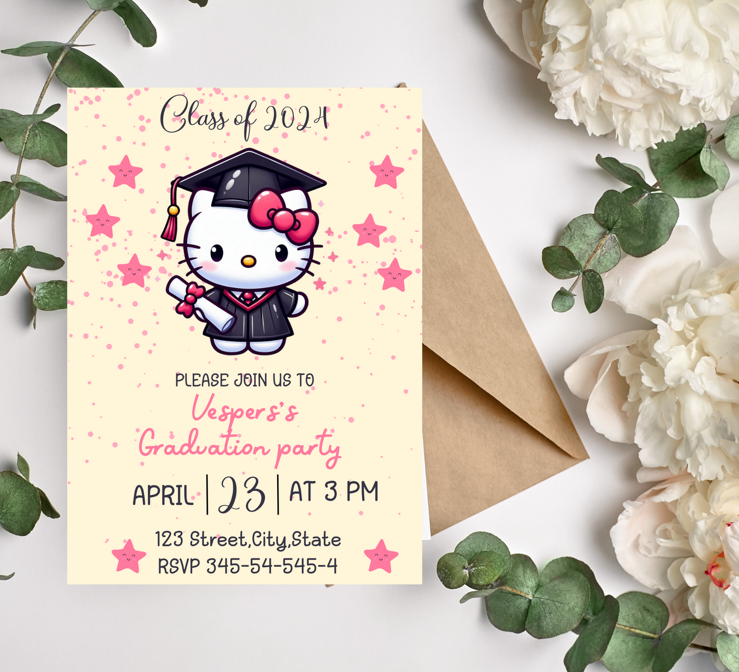 Hello Kitty Kawaii Graduation Invitation | Preschool, Kindergarten & School Editable Canva Template | Cute Pink Printable Graduation Invite