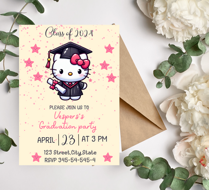 Hello Kitty Kawaii Graduation Invitation | Preschool, Kindergarten & School Editable Canva Template | Cute Pink Printable Graduation Invite