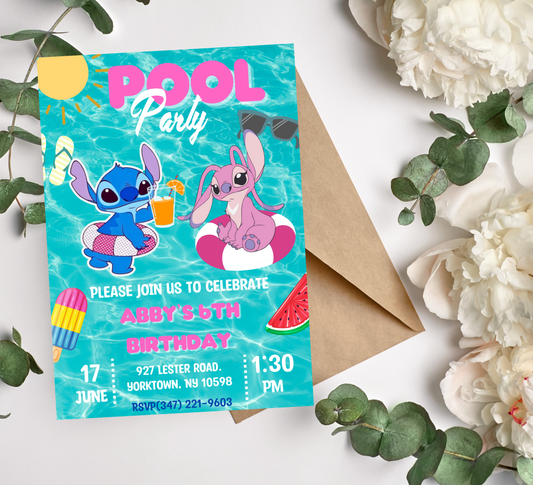 Stitch & Angel Pool Birthday Invitation | Tropical Swim Party | Editable Template