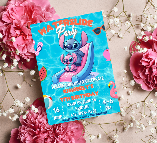 Stitch & Angel Pool Party Birthday Invitation | Editable Canva Template | Kawaii Waterslide Summer Invite | Printable Kids Birthday Invitation