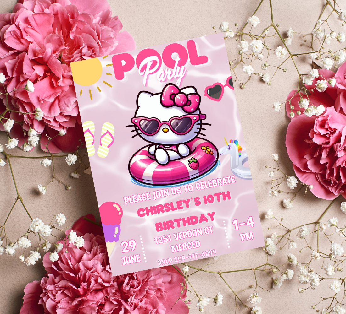 Hello Kitty Pink Pool Party Invitation | Self-Editable in Canva | Kawaii Summer Swim Birthday Invitation | Printable Template |