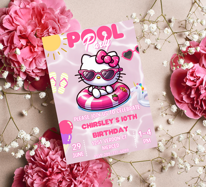 Hello Kitty Pink Pool Party Invitation | Self-Editable in Canva | Kawaii Summer Swim Birthday Invitation | Printable Template |