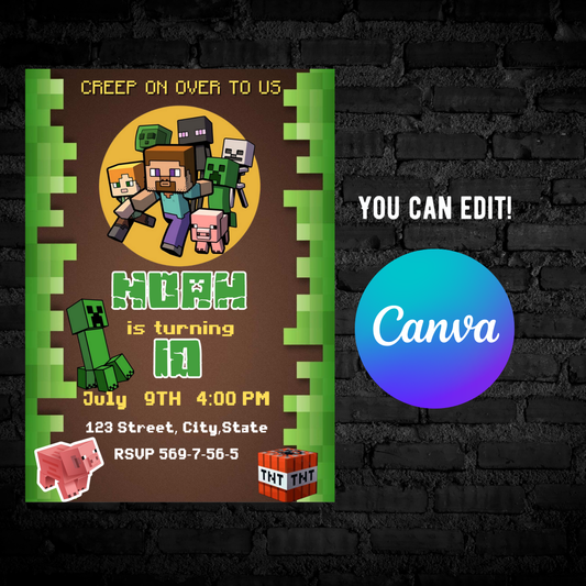 Minecraft Game Birthday Invitation ⛏️🎮 | Pixel Kids Party Invite | Editable Digital Template