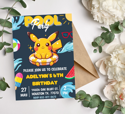 Pikachu Pokémon Pool Party Birthday Invitation | Summer Splash Invite | Editable Template