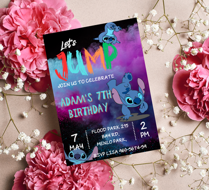 Stitch Jump Neon Birthday Invitation 🌈✨ | Glow Party Invite | Editable Canva Template