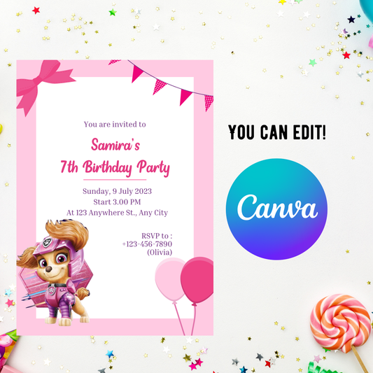 Paw Patrol Skye Pink Birthday Invitation | Girl Puppy Party Invite | Editable Template
