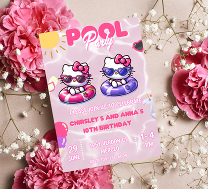 Hello Kitty Pool Birthday Invitation for Two Kids | Editable Canva Template | Kawaii Swim Party Invite | Printable Double Birthday Invitation