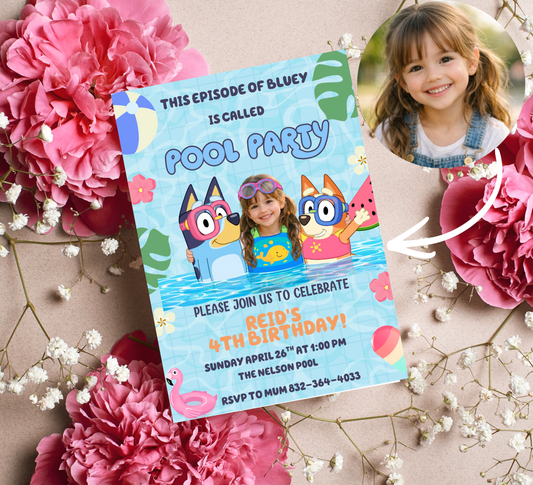 Bluey Personal Photo Pool Birthday Invitation – Editable Canva Template – Add Your Child’s Photo! – Custom Bluey & Bingo Swim Party Invite – Kids Summer Splash Birthday Printable