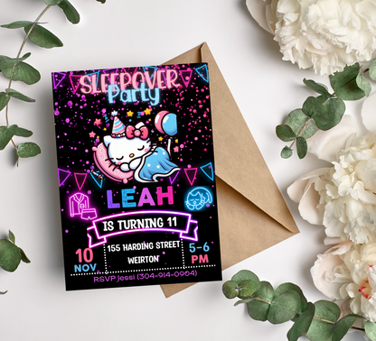 Hello Kitty Neon Sleepover Invitation | Editable Girls Slumber Party Invite | Fun & Customizable Glow Night Template