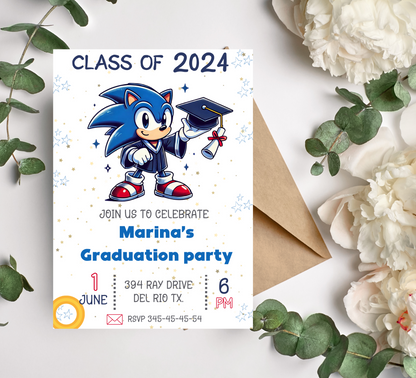 Sonic Graduation Invitation | Kindergarten & School Graduation Party Invite | Editable Canva Template | Printable Sonic Graduation Card