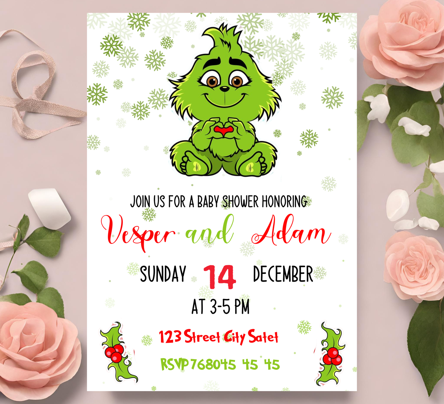 Grinch Winter Baby Shower Invitation | Christmas Baby Shower | Editable Template