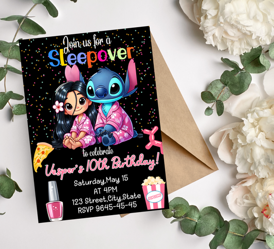 Stitch & Lilo Neon Sleepover Invitation | Glow in the Dark Slumber Party | Editable Canva Template | Cyber Neon Ohana Night