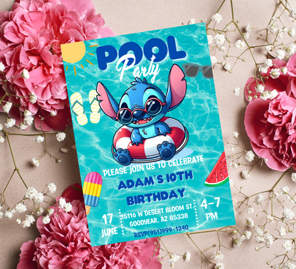 Stitch Pool Birthday Invitation | Kawaii Summer Swim Party Editable Canva Template