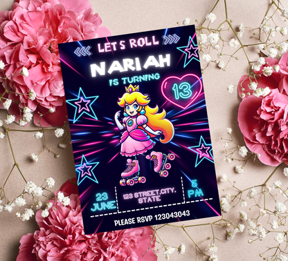 Mario Brothers Princess Peach Roller Skating Neon Birthday Invitation | Glow Party Editable Canva Template