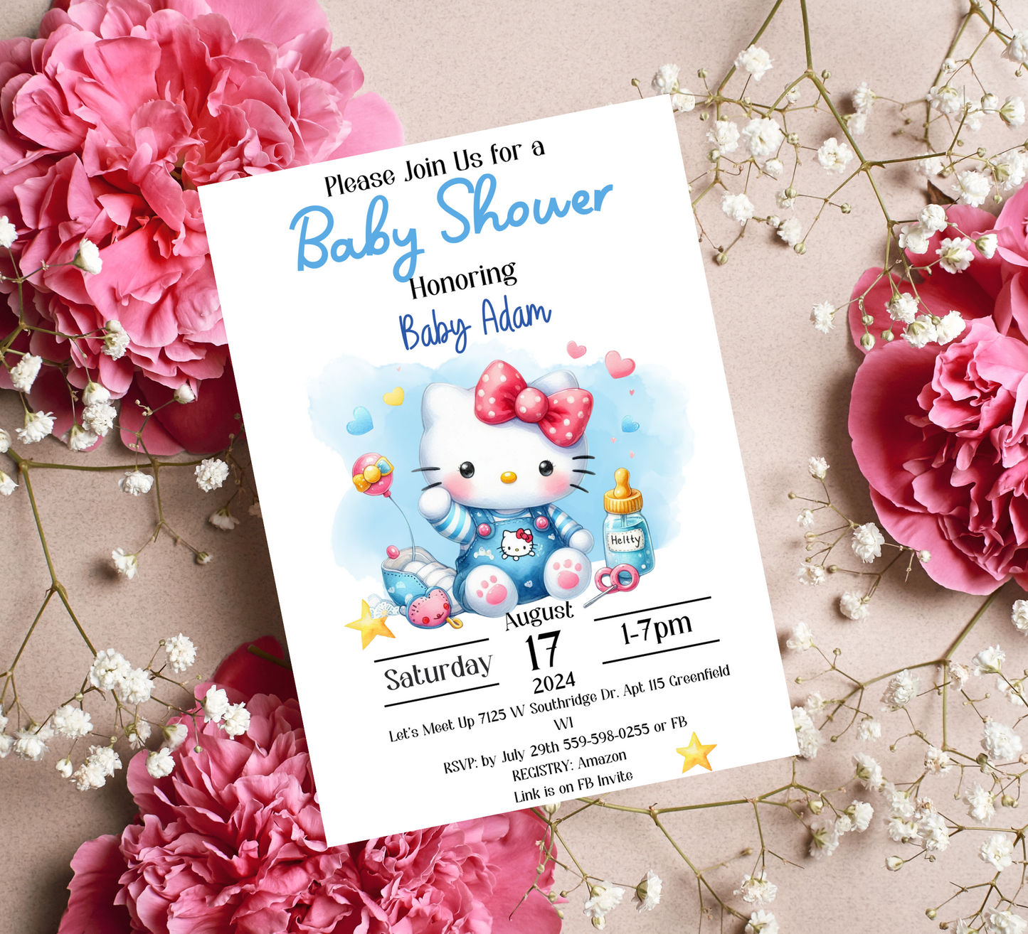 Hello Kitty Blue Baby Shower Invitation | Editable Canva Template | Kawaii Baby Boy Shower Invite | Printable Cute Baby Announcement