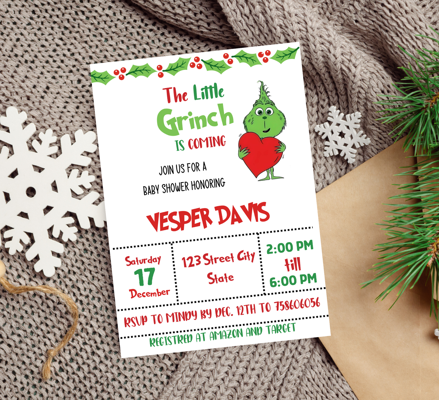 Grinch Baby Shower Winter Christmas Invitation | Holiday Baby Celebration | Editable Template