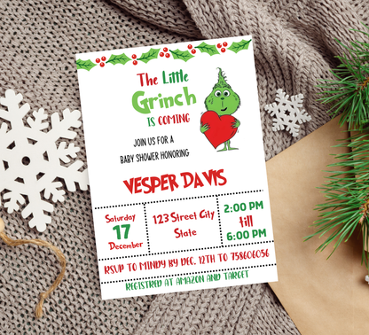 Grinch Baby Shower Winter Christmas Invitation | Holiday Baby Celebration | Editable Template