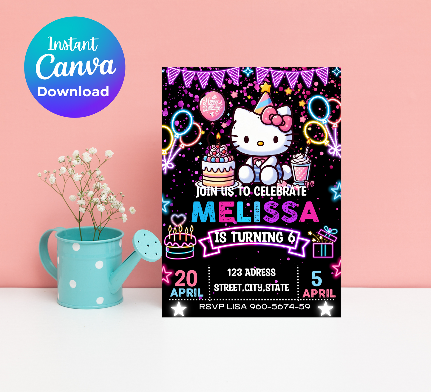 Hello Kitty Neon Birthday Invitation | Editable Glow Party Invite | Kawaii Girls Birthday Printable Template