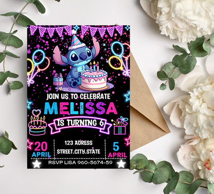 Stitch Neon Glow Birthday Invite | Kids Retro Glow Party Canva Template ⚡️🎨