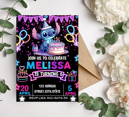 Stitch Neon Glow Birthday Invite | Kids Retro Glow Party Canva Template ⚡️🎨