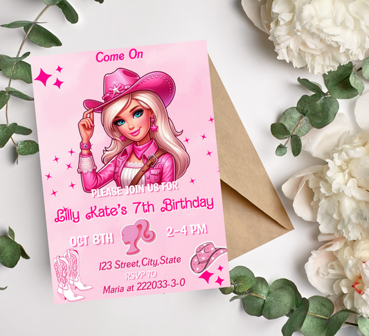 Barbie Cowboy Pink Birthday Invitation | Editable Canva Template | Western Party Invite | Printable Girls Birthday Invitation