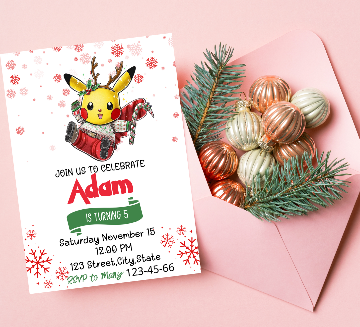 Pikachu Pokémon Winter Birthday Invitation | Snowy Party Invite | Editable Template