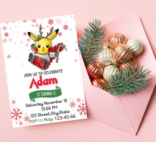 Pikachu Pokémon Winter Birthday Invitation | Snowy Party Invite | Editable Template