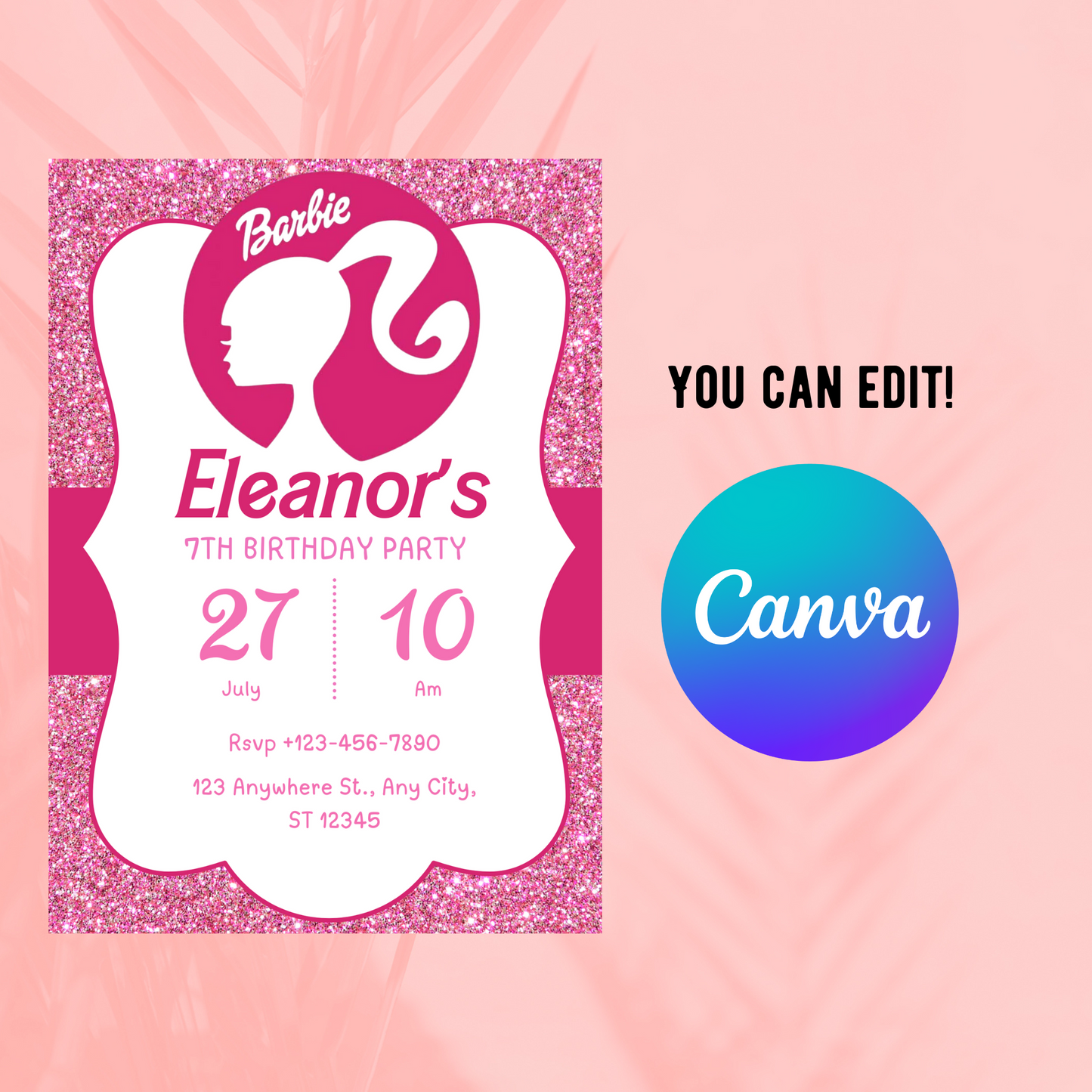 Barbie Glitter Pink Birthday Invitation | Sparkly Barbie Party Invite | Editable Canva Template | Printable Girls Birthday Invitation