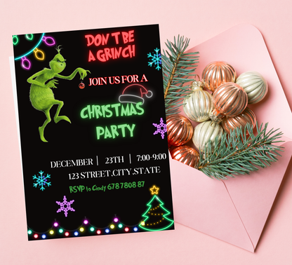 Grinch Neon Green Christmas Party Invitation | Bright Grinchmas Invite | Editable Template