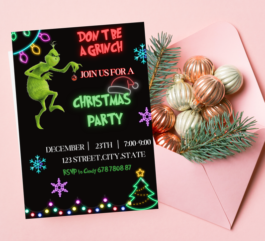Grinch Neon Green Christmas Party Invitation | Bright Grinchmas Invite | Editable Template