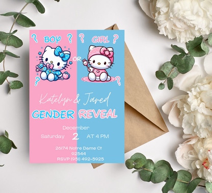 Hello Kitty Gender Reveal Invitation Pink and Blue | Editable Baby Shower Invite | Cute & Customizable Hello Kitty Theme Template