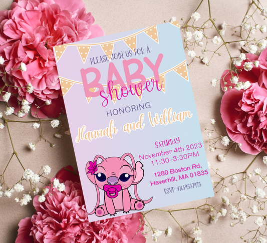 Angel Stitch Baby Shower Pink Invitation | Cute Aloha Girl Baby Shower | Editable Template
