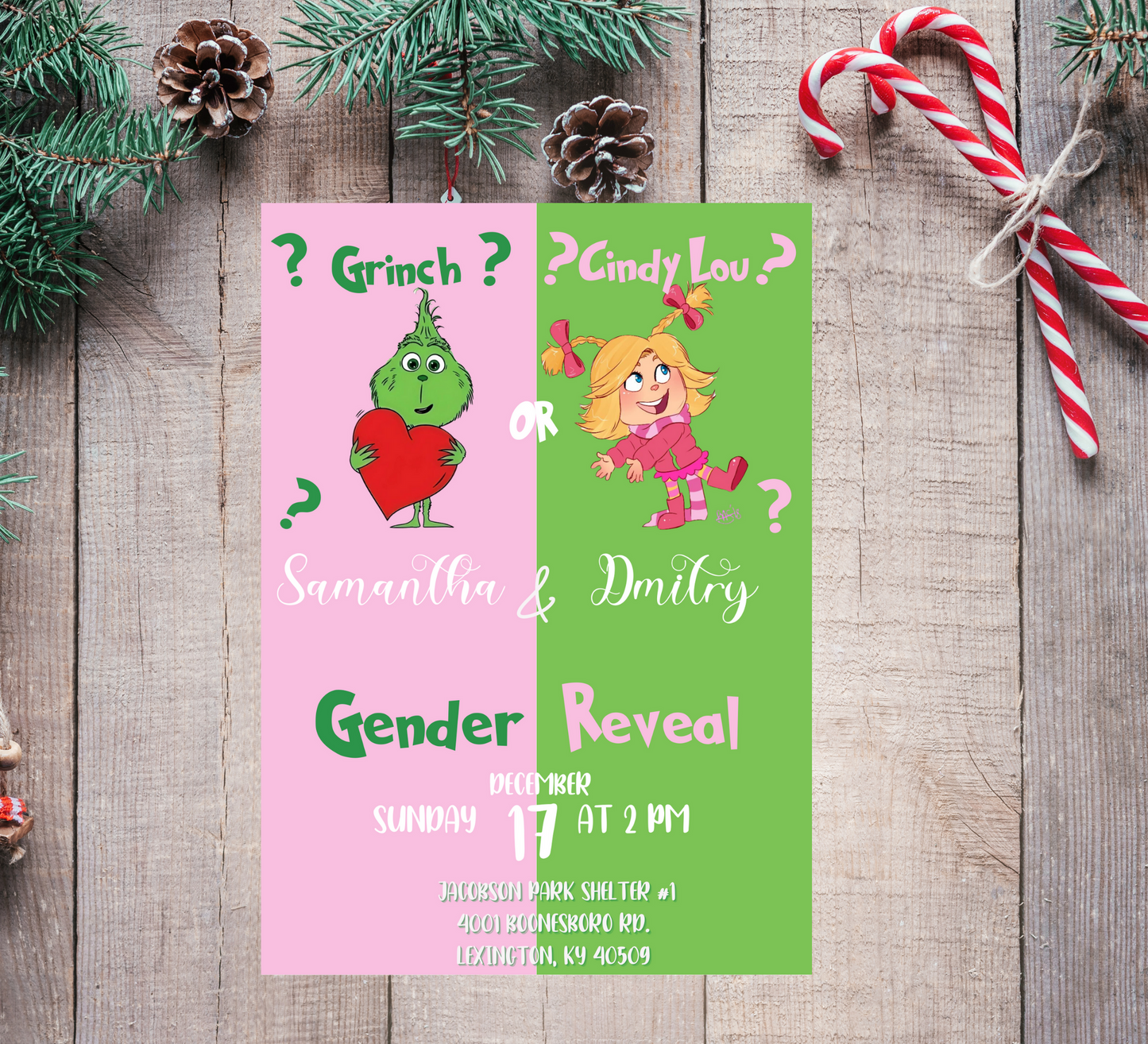 Grinch and Cindy-Lou Gender Reveal Invitation | Pink & Green Holiday Theme | Editable Canva Template | Printable Gender Reveal Party Invite