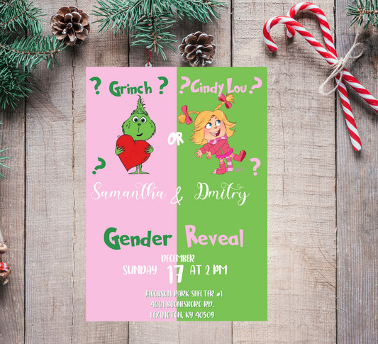 Grinch and Cindy-Lou Gender Reveal Invitation | Pink & Green Holiday Theme | Editable Canva Template | Printable Gender Reveal Party Invite