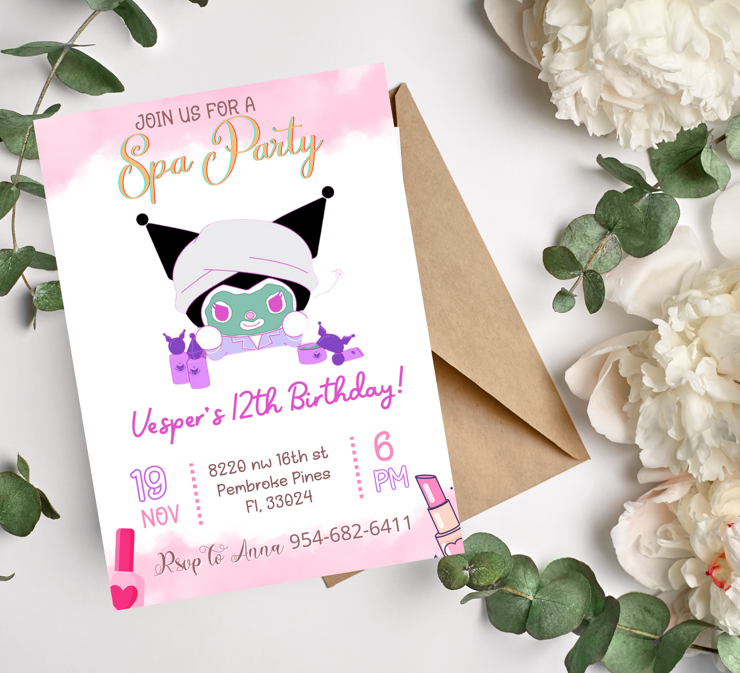 Kawaii Kuromi Sleepover Spa Birthday Invitation | Pink Slumber Party Invite | Editable Canva Template | Cute Anime Spa Party Invitation