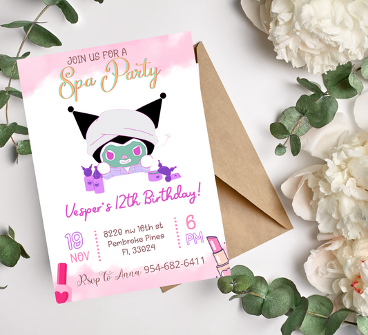 Kawaii Kuromi Sleepover Spa Birthday Invitation | Pink Slumber Party Invite | Editable Canva Template | Cute Anime Spa Party Invitation