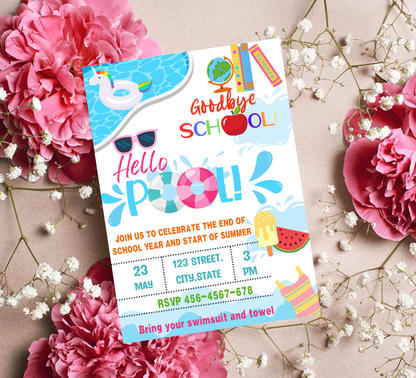 Goodbye Kindergarten Hello Summer Pool Party Invitation | Editable Canva Template
